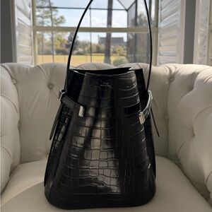 TOTEME Belted croco-embossed bucket bag black